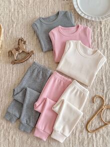 SHEIN 女嬰純色圓領長袖上衣與長褲休閒日常居家睡衣套裝 - 彩色 - 查看 4