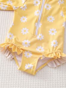 Cozy Pixies Baby Girl Floral Print Long Sleeve Zipper Swimsuit For Beach Vacation - Mustard Yellow - View 4