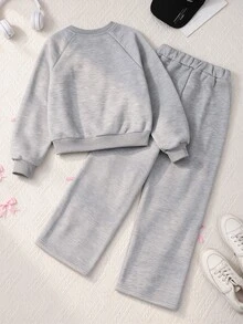 SHEIN 青少年女孩抓絨秋季套裝 2件/組圓領衛衣套裝，綠色與粉色，秋季，可愛，校園，假期穿搭 - 灰色 - 查看 2