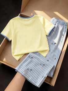 SHEIN 少女 2件組短袖圓領可愛小狗造型套裝 粉色格紋T恤搭配條紋長褲 - 彩色 - 查看 2