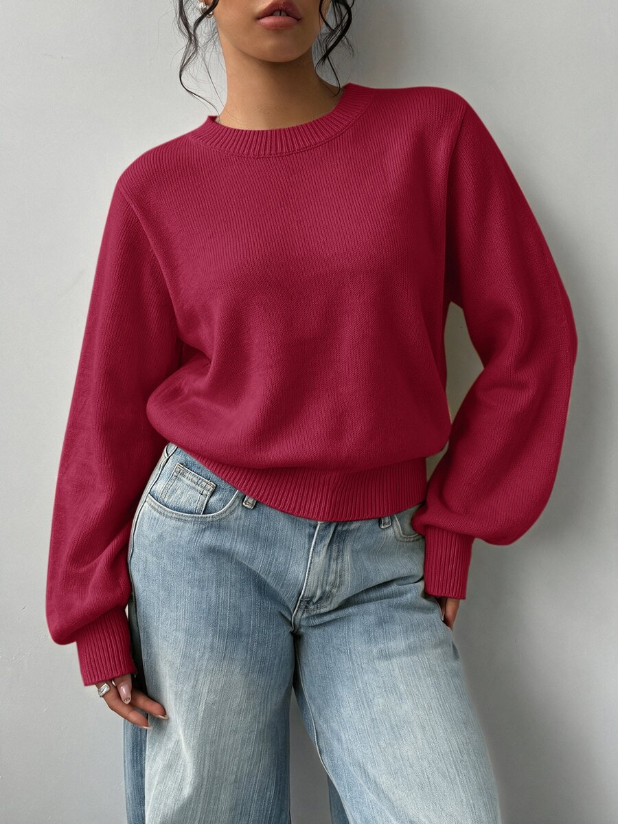 SHEIN BASICS 女款素色圓領長袖休閒基礎款寬鬆針織衫,淡黃色,適合早午餐、學校、日常穿著,秋冬款 - 中紫紅色 - 查看 1