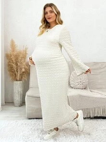 Plussiva Plus Size Solid Color Casual Party Dress For Pregnant Women - Apricot - View 5