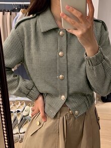 Lumalex 千鳥格飛行員西裝外套 翻領 金色鈕扣 長袖 鬆緊下擺 寬鬆修身剪裁 秋冬款 - 墨綠色 - 查看 11