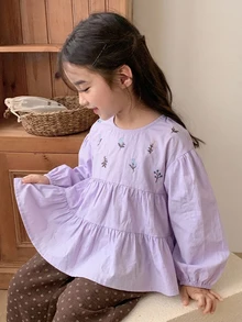 Dazy Kids 少女時尚刺繡荷葉邊下擺襯衫 - 紫色 - 查看 5