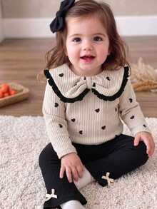 SHEIN 2pcs Toddler Baby Girl T Shirt Pants Cute Cream Black Hearts Ribbed Knit Long Sleeve Round Neck Regular Fit Ruffled Bow Cozy Fall Princess Baby Girl Girls - Apricot - View 2