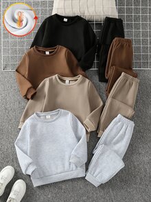 SHEIN 小男孩純色兒童圓領長袖衛衣與運動長褲休閒套裝 - 彩色 - 查看 3