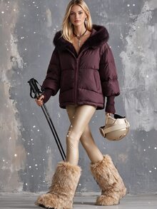 Penseblé Women's Solid Color Zipper Fleece Patchwork Casual Versatile Winter Hooded Padded Coat - Burgundy - View 3