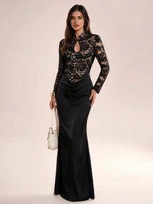 Avenya Stand Collar Long Sleeve Lace Sheer Patchwork Low Waist Ruffle Satin Dress For Party, Back To School - Black - View 6
