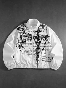 ROMWE MEN Street Life Men's Slogan Graphic Long Sleeve Zip-Up Casual Jacket - White - View 1