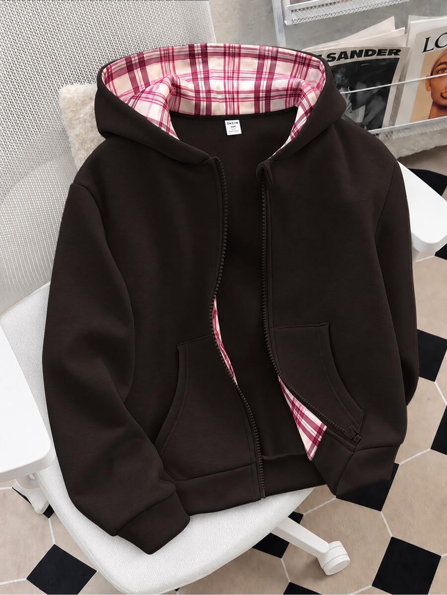 SHEIN 青少年女孩 Y2K 休閒街頭風連帽運動外套 2000年代風格 返校季 秋季 海灘度假 畢業季 白色 - 咖啡棕 - 查看 1