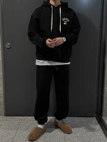 DAZY Autumn/Winter Thermal Lined Black Hooded Sweatshirt Set With Letter Print On Chest And Back For Men - Black - View 6