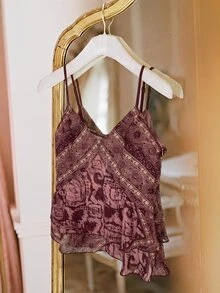 Willow Rêve 女款酒紅金配色波希米亞風印花V領細肩帶上衣，荷葉邊下擺，情人節風格，適合晚餐約會、度假、夏季 - 粉色 - 查看 2