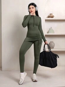 Veilorie Women's Zip-Up Long Sleeve Top And Drawstring Skort Sports Set - Army Green - View 7