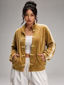 SHEIN BASICS Plus Size Women's Side Stripe Long Sleeve Button-Front Casual Jacket - Yellow - View 4