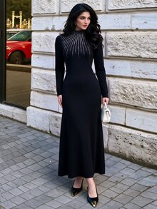 Graceveil Women's Rhinestone Embellished Stand Collar Long Sleeve Mermaid Hem Fitted Elegant Knit Dress - Black - View 6