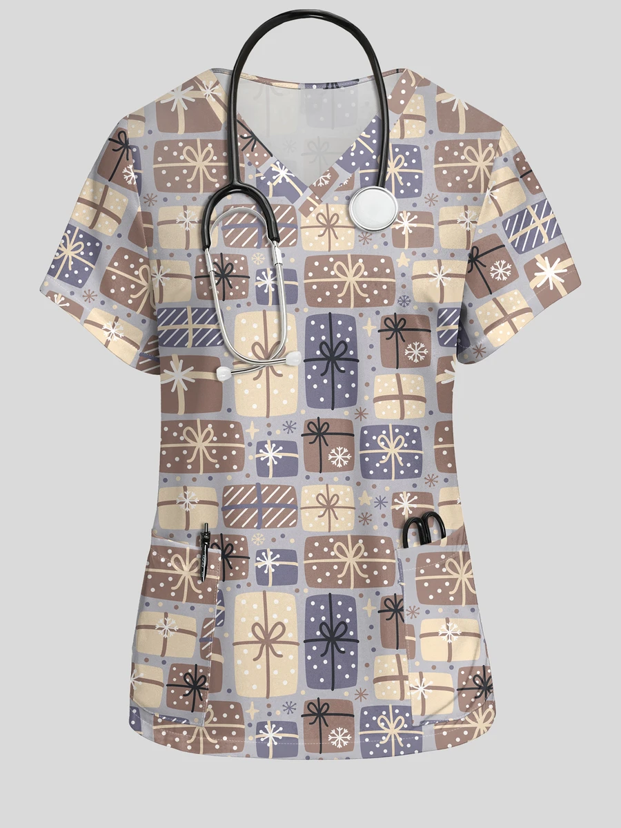 PopScrub Light Gray Gift Box Bow Print Women's Nurse Scrub Uniform Top, Spring/Autumn Fashion V-Neck Short Sleeve Double Pocket Design Workwear, Cute Women's Scrub Top, Scrub Uniform - Multicolor - View 1