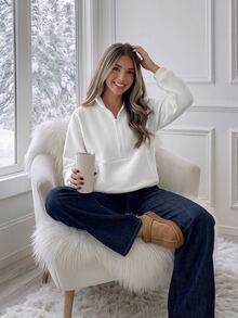 Easowa Women's Stand Collar Half-Zip Casual Loose Fit Sweatshirt For Home And Sports - White - View 2