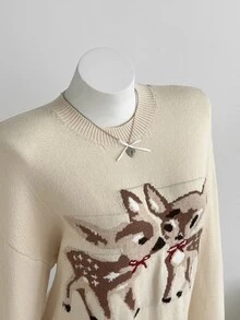 Elamini Women's Autumn/Winter Solid Color Bow & Double Deer Jacquard Loose Slouchy Retro Sweet Long Sleeve Sweater Top - Khaki - View 4