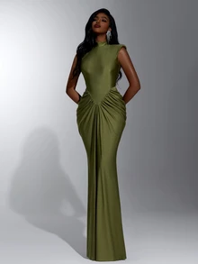 Elitara Elegant Romantic Fashion Green High Neck Sleeveless Ruched Mermaid Tail Train Dress For Holiday Vacation Birthday Party Wedding Event Bridesmaid - Green - View 8