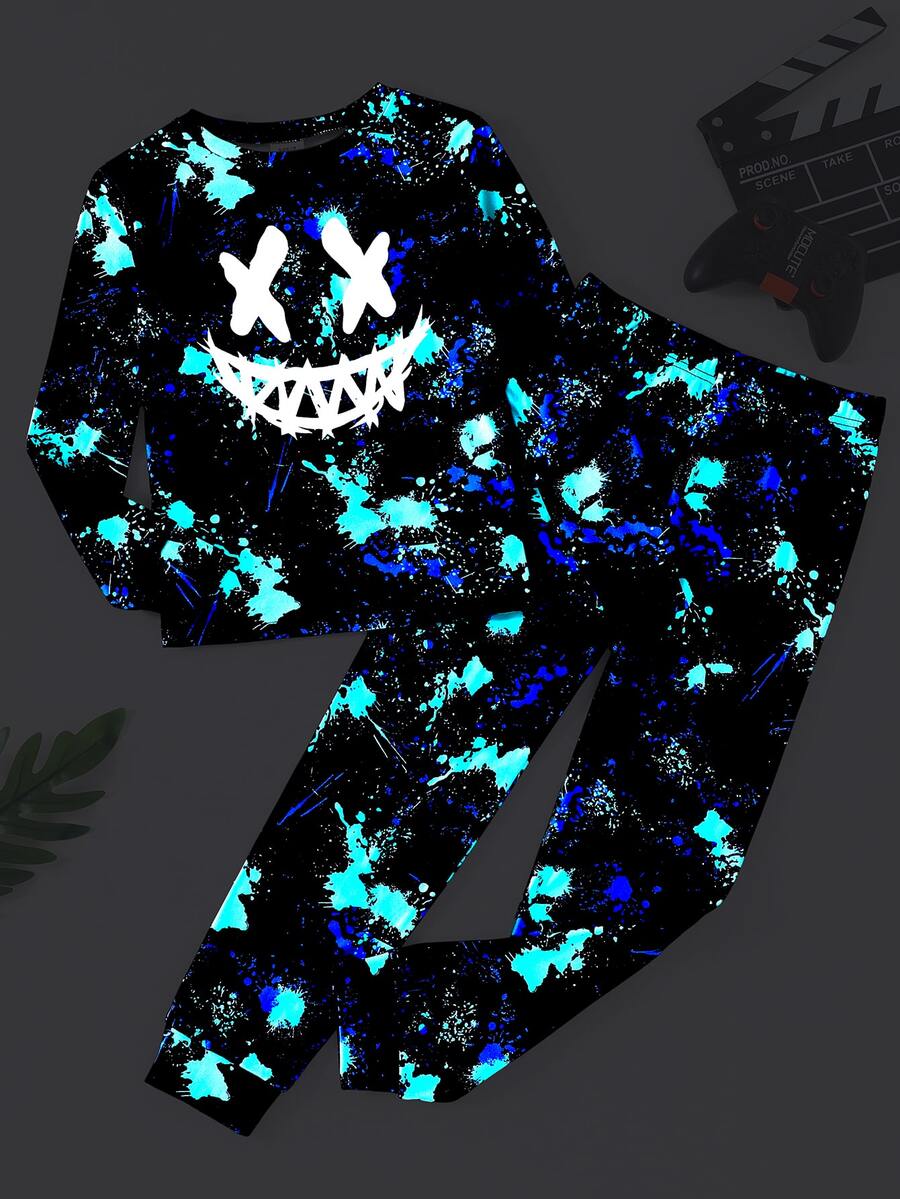 SHEIN Tween Boy Casual Comfortable Cartoon Print Top And Fitted Long Pants Pajama Set - Multicolor - View 1