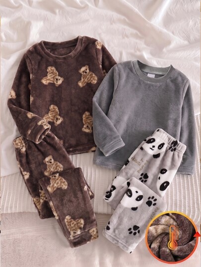 SHEIN Playful Pals Bebek Erkek Pijama Takımı, Sonbahar/Kış Yeni Kahve Rengi Sevimli Karikatür Panda Baskılı Flanel Sıcak Rahat Yumuşak Tüylü Uzun Kollu Pantolon 2 Parça Set, İç ve Dış Mekan Kullanımına Uygun Rahat Yumuşak Ev Giyim, 1 Set