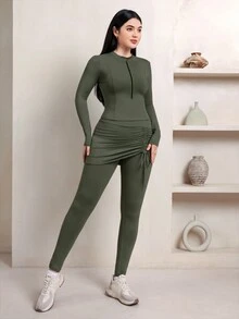 Veilorie Women's Zip-Up Long Sleeve Top And Drawstring Skort Sports Set - Army Green - View 1