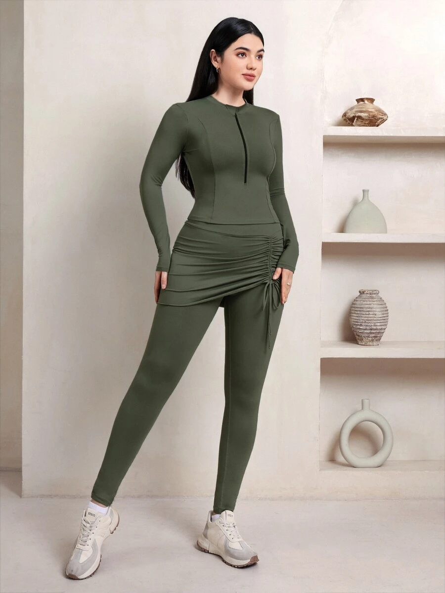 Veilorie Women's Zip-Up Long Sleeve Top And Drawstring Skort Sports Set - Army Green - View 1