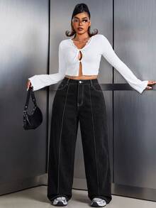 SHEIN Tall CURVE 大尺碼女款休閒日常旅行牛仔褲，附口袋與鈕扣 - 黑色 - 查看 13