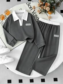 SHEIN 女童 2 件組復古美式學院風棕色上衣寬腿褲套裝，休閒秋季長袖圓領套裝，適合學校 7 歲生日 - 深灰色 - 查看 5