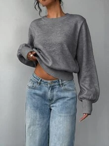 SHEIN BASICS 女款素色圓領長袖休閒基礎寬鬆毛衣 淺黃色 秋冬日常 早午餐 校園穿搭 - 淺灰色 - 查看 3