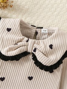 SHEIN 2pcs Toddler Baby Girl T Shirt Pants Cute Cream Black Hearts Ribbed Knit Long Sleeve Round Neck Regular Fit Ruffled Bow Cozy Fall Princess Baby Girl Girls - Apricot - View 7