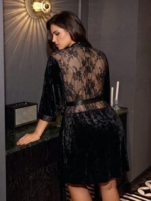 SilkySpell Plus Size Women's Gold Velvet Robe, Lace Patchwork Mid-Length Open Front Tie Waist Sexy Loungewear Bathrobe - Black - View 4