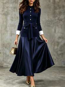 Breezaya Women's Luxury Business Style Button Ribbed Dress - Royal Blue - View 4