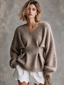 Omancia Women's Casual V-Neck Cinched Waist Pullover Solid Color Sweater - Camel - View 1