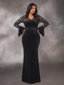 Cheriluna Maternity Đầm dự tiệc bầu size lớn phối ren phối mảnh, tôn dáng thắt eo thanh lịch - màu đen - Xem 6