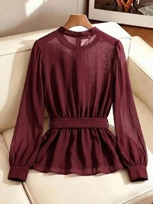 SHEIN Clasi 大尺碼優雅通勤風網紗襯衫，秋季 - 酒紅色 - 查看 2