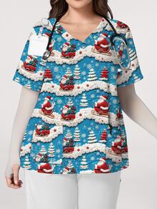 PopScrub Women's Plus Size Santa Claus Print Short Sleeve Scrub Top - Multicolor - View 4