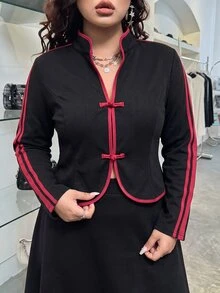 SHEIN BASICS Plus Size Striped Colorblock Top And Mini Skirt 2 Pieces Set - Black - View 2