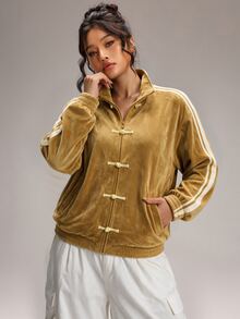 SHEIN BASICS Plus Size Women's Side Stripe Long Sleeve Button-Front Casual Jacket - Yellow - View 6