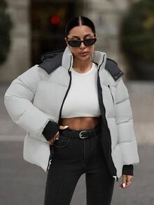 SHEIN جاكيت منفوخ مبطن بالريش للنساء بتصميم كاجوال مع بطانية رأس وسحاب وتفاصيل أساور مضلعة متباينة الألوان - أبيض - مشاهدة 5