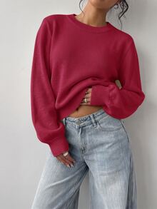 SHEIN BASICS 女款素色圓領長袖休閒基礎款寬鬆針織衫，淡黃色，適合早午餐、學校、日常穿著，秋冬款 - 中紫紅色 - 查看 5