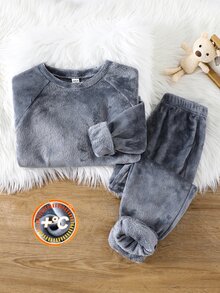 SHEIN 青少年男孩純色兒童插肩袖長袖上衣與長褲家居服 - 灰色 - 查看 4