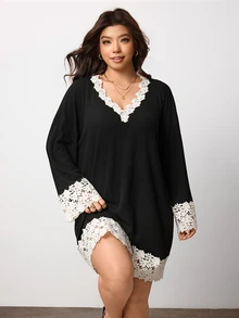 Enliva Plus Size Contrast Lace Trim V Neck Knit Mini Dress Compatible With Apple Body Round Body - Black - View 4