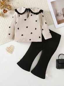 SHEIN 2pcs Toddler Baby Girl T Shirt Pants Cute Cream Black Hearts Ribbed Knit Long Sleeve Round Neck Regular Fit Ruffled Bow Cozy Fall Princess Baby Girl Girls - Apricot - View 3