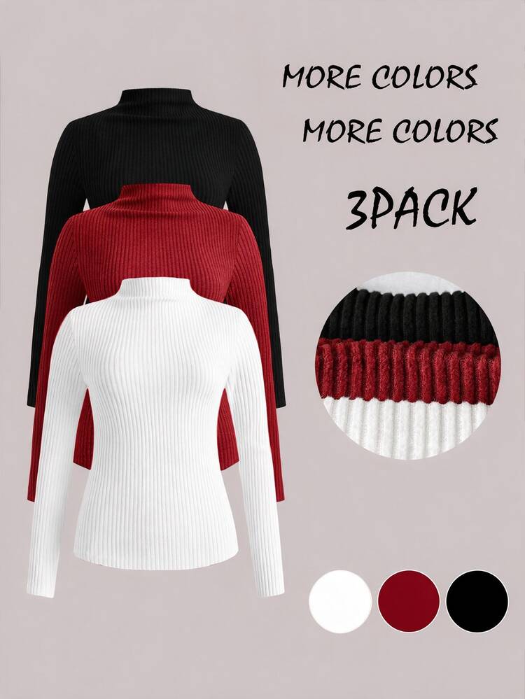 Freevana Plus Size Women Solid Color Casual Daily Long Sleeve T-Shirt 3pcs/Pack - Multicolor - View 1
