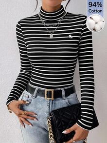 SHEIN Frenchy 94%棉 黑白條紋女款休閒高領修身長袖T恤，適合秋冬疊穿 - 彩色 - 查看 1