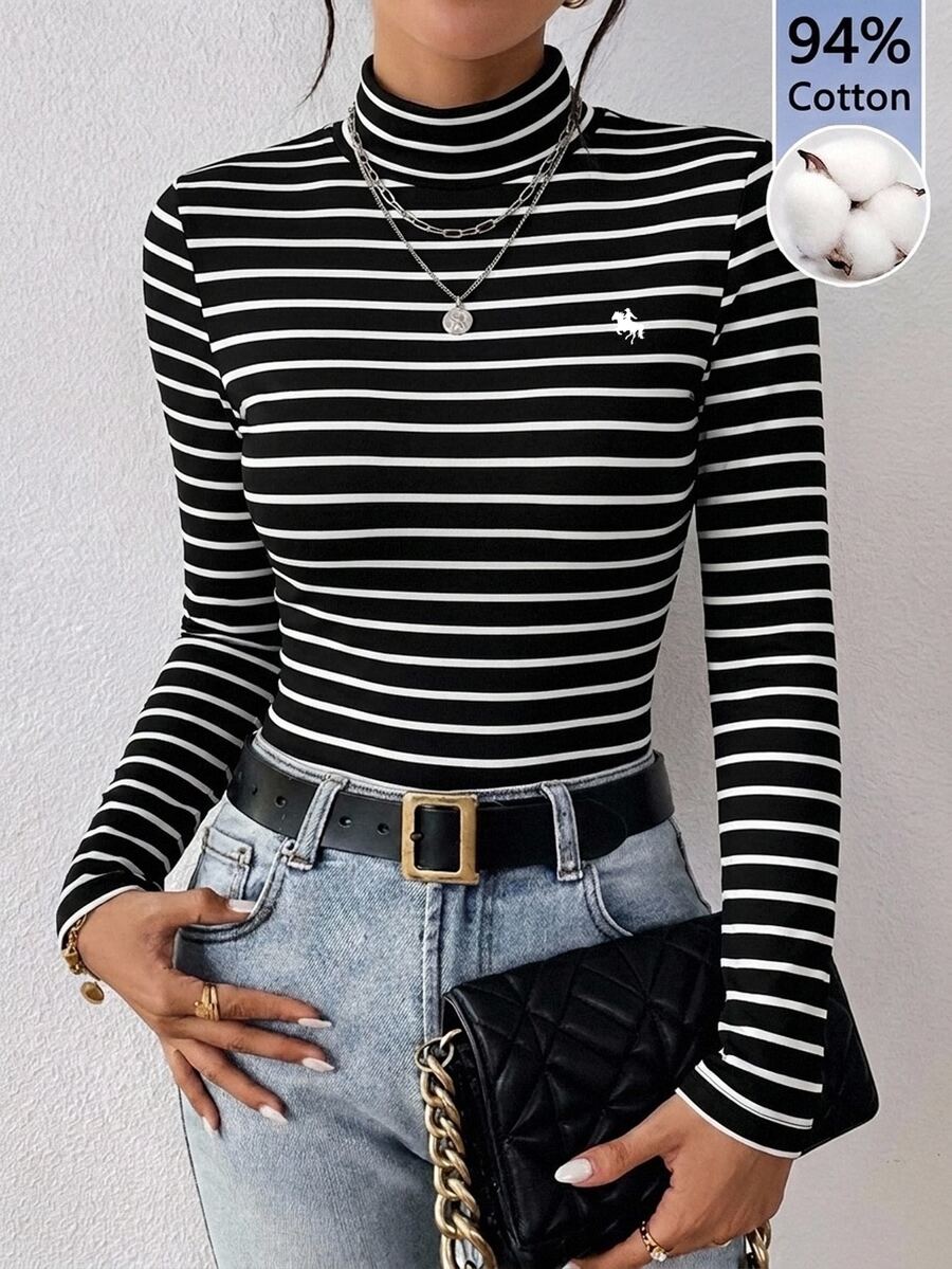 SHEIN Frenchy 94%棉 黑白條紋女款休閒高領修身長袖T恤,適合秋冬疊穿 - 彩色 - 查看 1