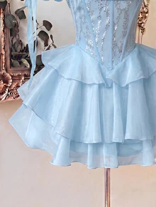 Lovelzi 優雅奢華手工 3D 貼花裝飾抹胸抓皺多骨架修身 A 字短款女款晚禮服 - 藍色 - 查看 7