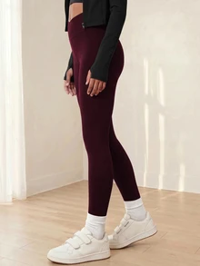 SHEIN 青少年女孩運動服 咖啡棕長款瑜伽緊身褲 底層長褲 休閒極簡端莊健身運動夏季款 - 酒紅色 - 查看 7
