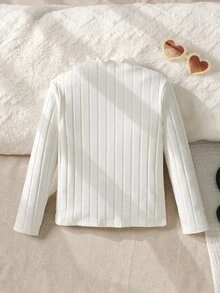 少女秋冬純色黑色 92%棉羅紋高領針織上衣，返校萬聖節秋季套頭上衣 - 白色 - 查看 2
